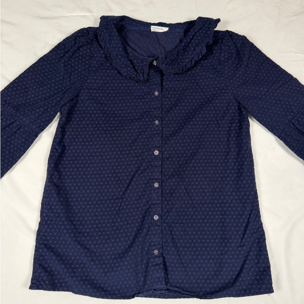 FatFace Kids Navy Blue Corduroy Ruffle Collar Puff Sleeve Button‎ Down Blouse Sz